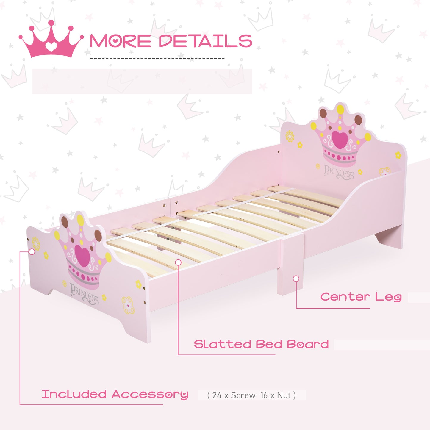 Kids Toddler Bed Princess Crown Theme Safety Side Rails Slats Home Bedroom Furniture Boys Girls 3-6 Years Pink 143 x 73 x 60
