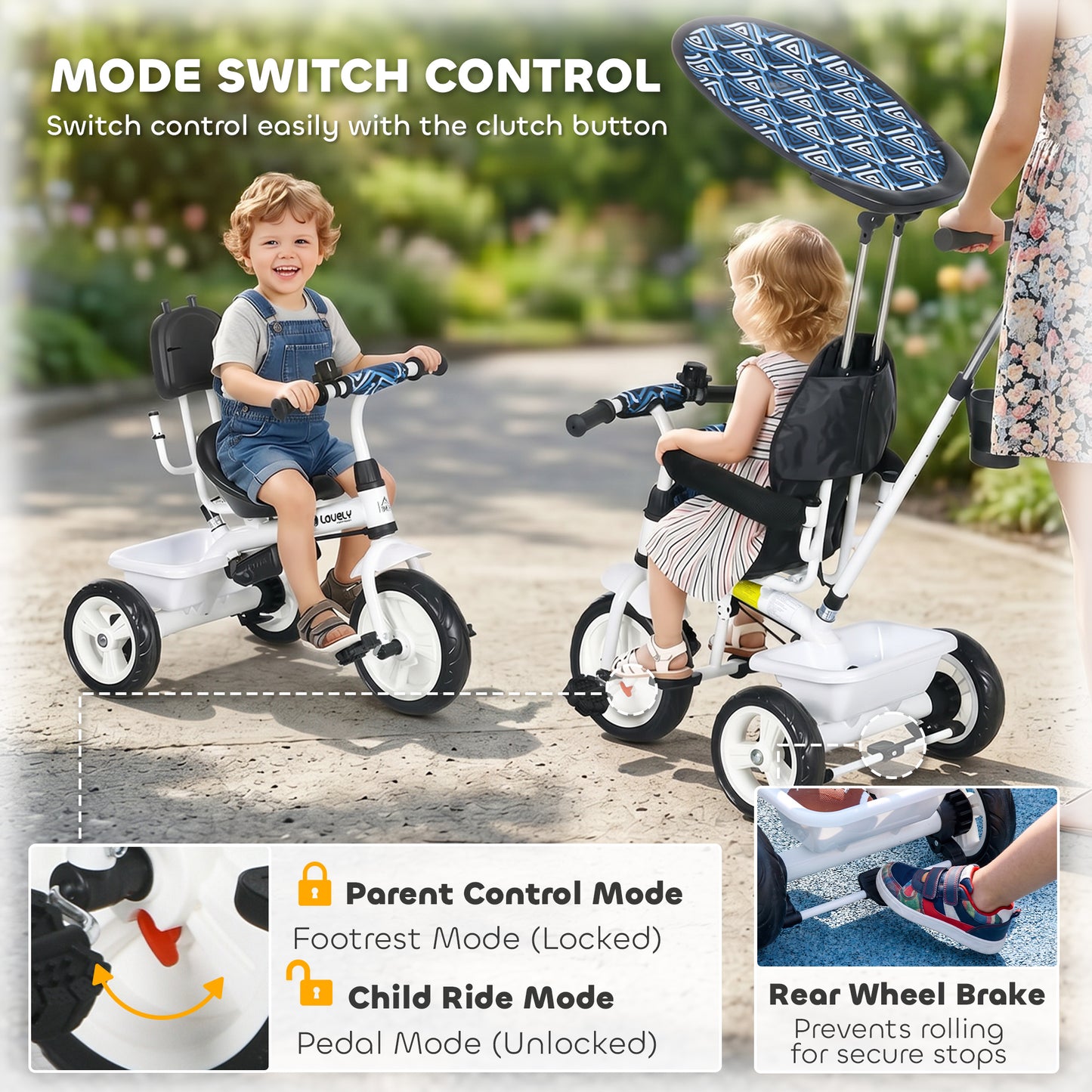 6 in 1 Tricycle for Kids with 5-point harness straps, Removable Canopy, Blue