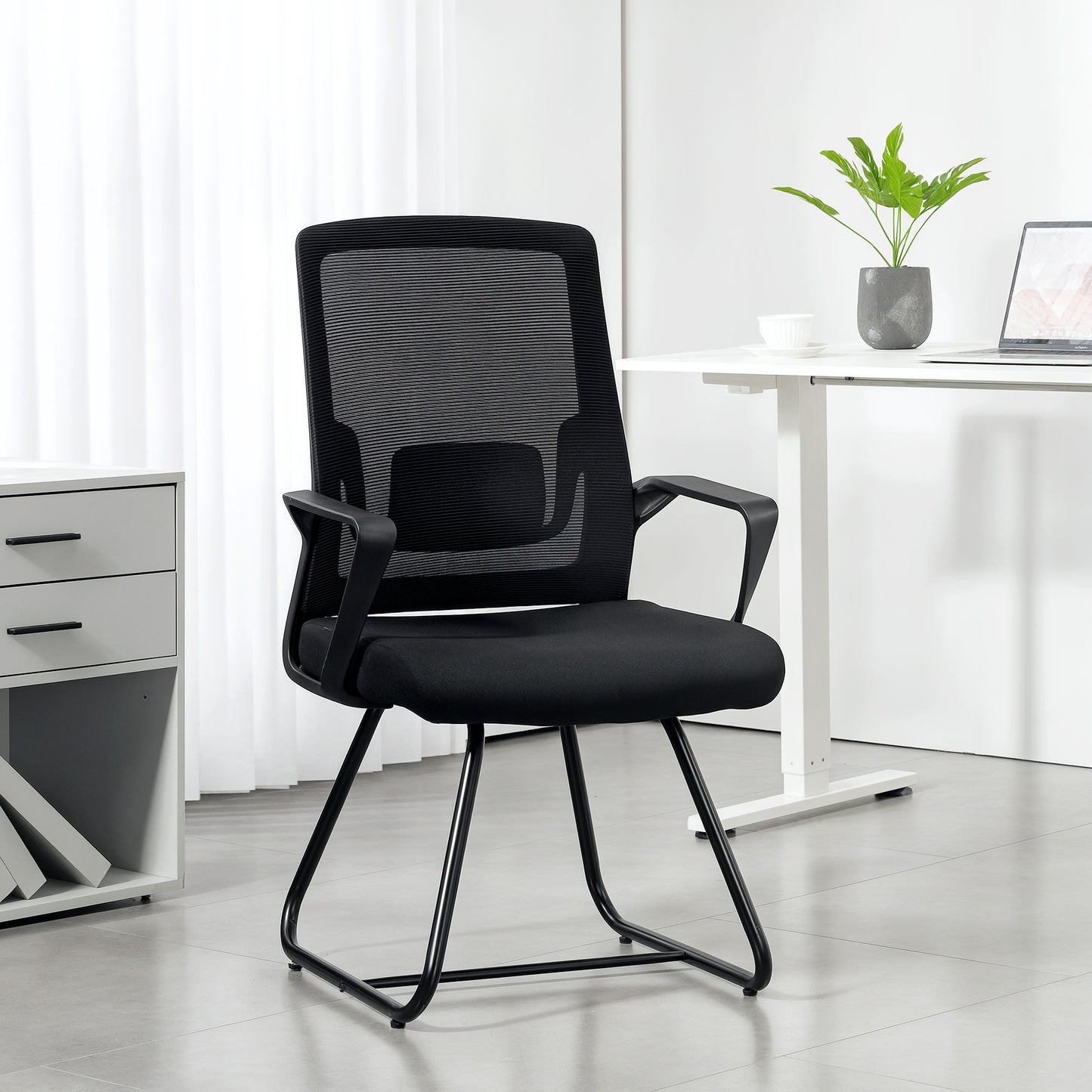Desk Chair No Wheels, Office Chair with Mesh Back, Lumbar Support, Metal Base for Waiting Room, Conference Room, Black
