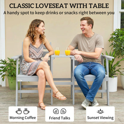 Outdoor Garden Loveseat, Embossed Wooden Jack and Jill Garden Seat with Integrated Table, Grey