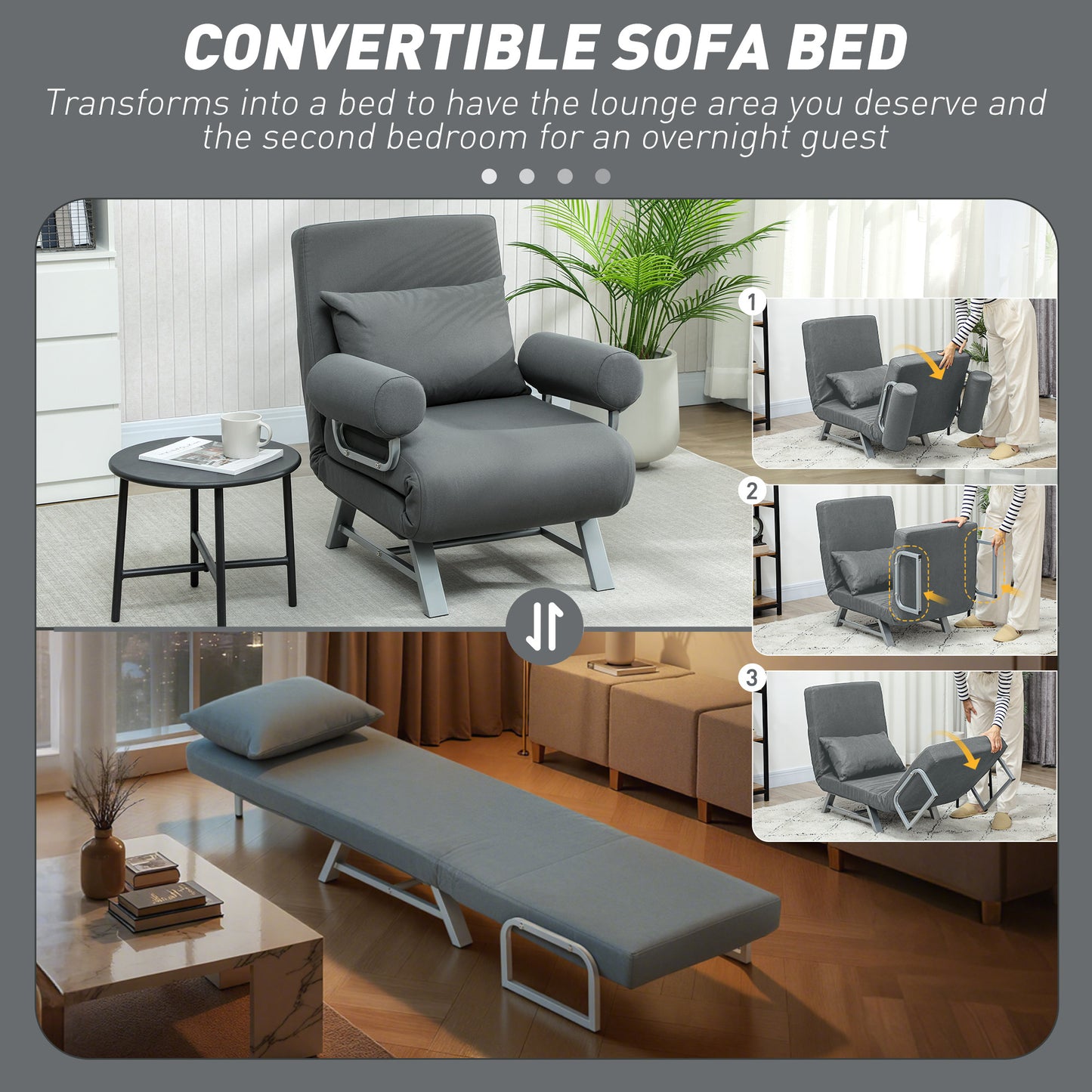 Single Sofa Bed, 3-in-1 Convertible Folding Chair Bed with Adjustable Backrest, Removable Armrests, Dark Grey