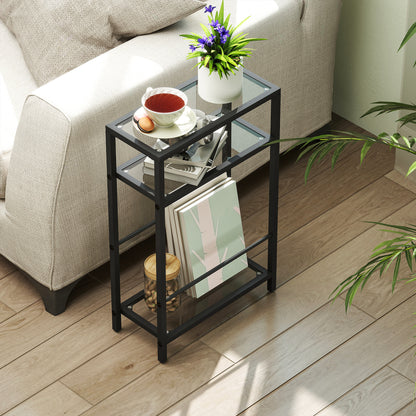 3-Tier Side Table, Narrow End Table with Storage Shelf and Tempered Glass Tabletop for Small Spaces, Black