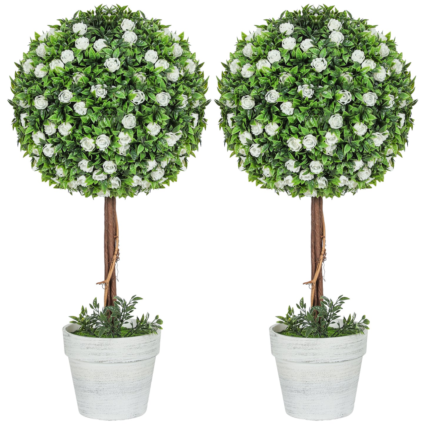 Set of 2 Decorative Artificial Plants, Ball Topiary Tree with Rose Flower in Pot, Fake Plants for Home Indoor Outdoor Decor