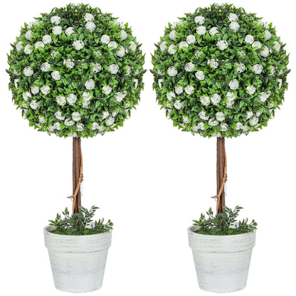 Set of 2 Decorative Artificial Plants, Ball Topiary Tree with Rose Flower in Pot, Fake Plants for Home Indoor Outdoor Decor