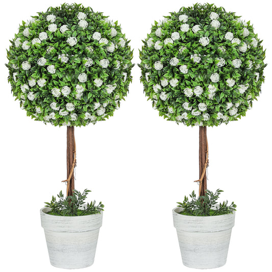 Set of 2 Decorative Artificial Plants, Ball Topiary Tree with Rose Flower in Pot, Fake Plants for Home Indoor Outdoor Decor
