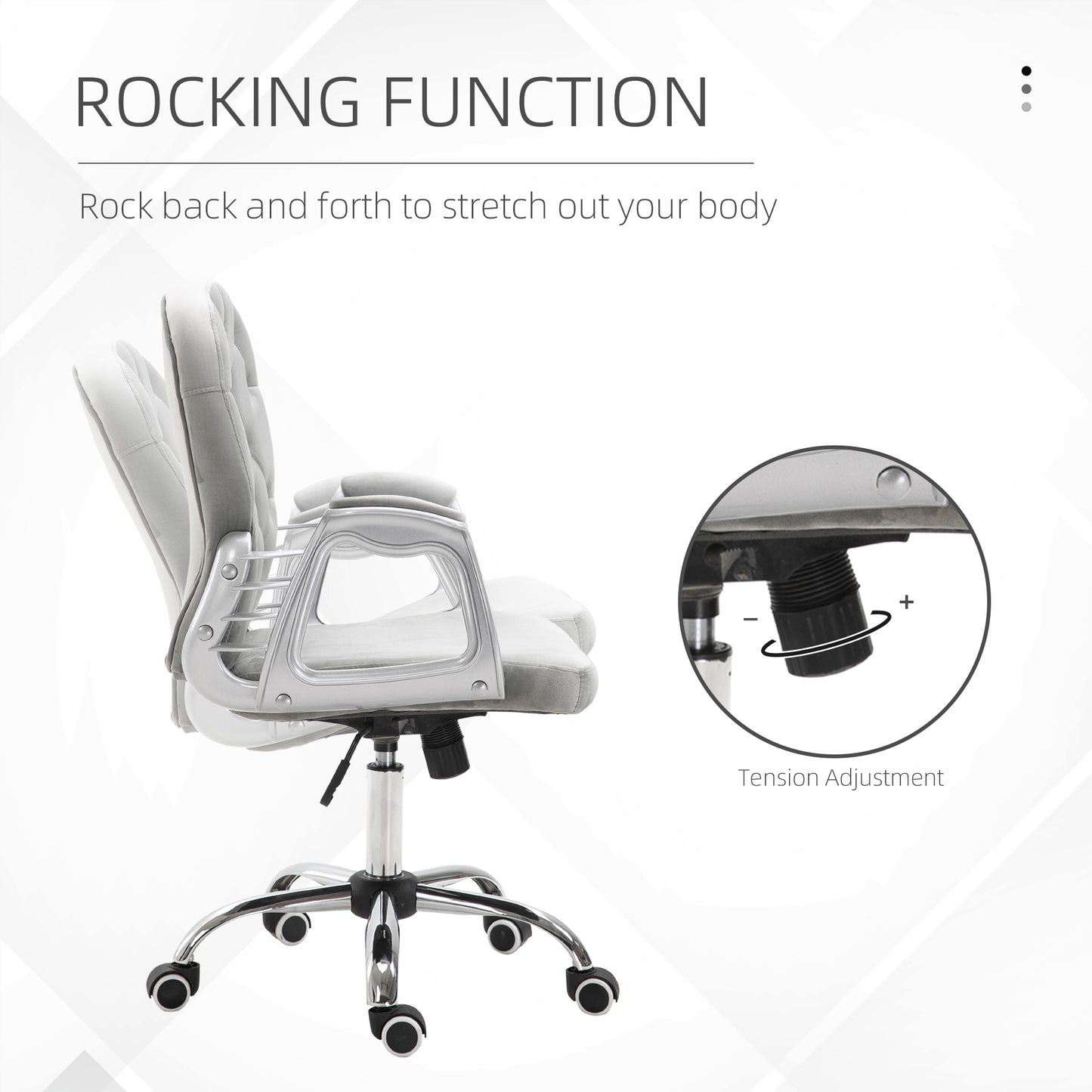 Office Chair, Swivel Desk Chair, Velvet Vanity Chair with Adjustable Height and Rolling Wheels for Home Work Study, Grey