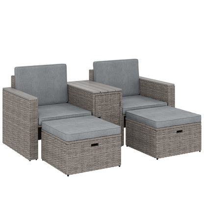 5 Piece Rattan Garden Furniture Set with Storage Table, Footstools, Cushions, Dark Grey