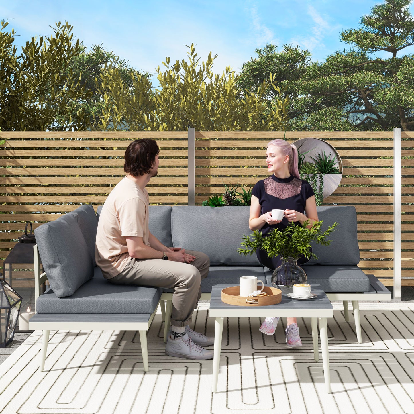 3 Piece Garden Furniture Set with 5-Level Adjustable Lounger, L Shaped Garden Corner Sofa with Cushions, Mesh Seat