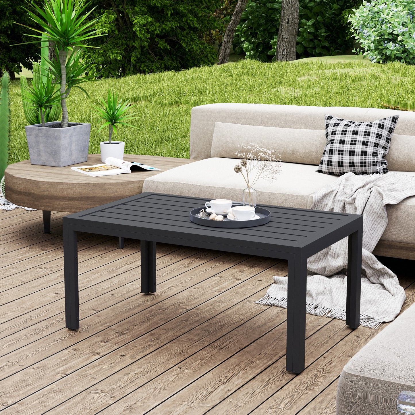 Outdoor Side Table, Rectangular Patio Coffee Side Table with Steel Frame and Slat Tabletop for Garden, Balcony, Grey