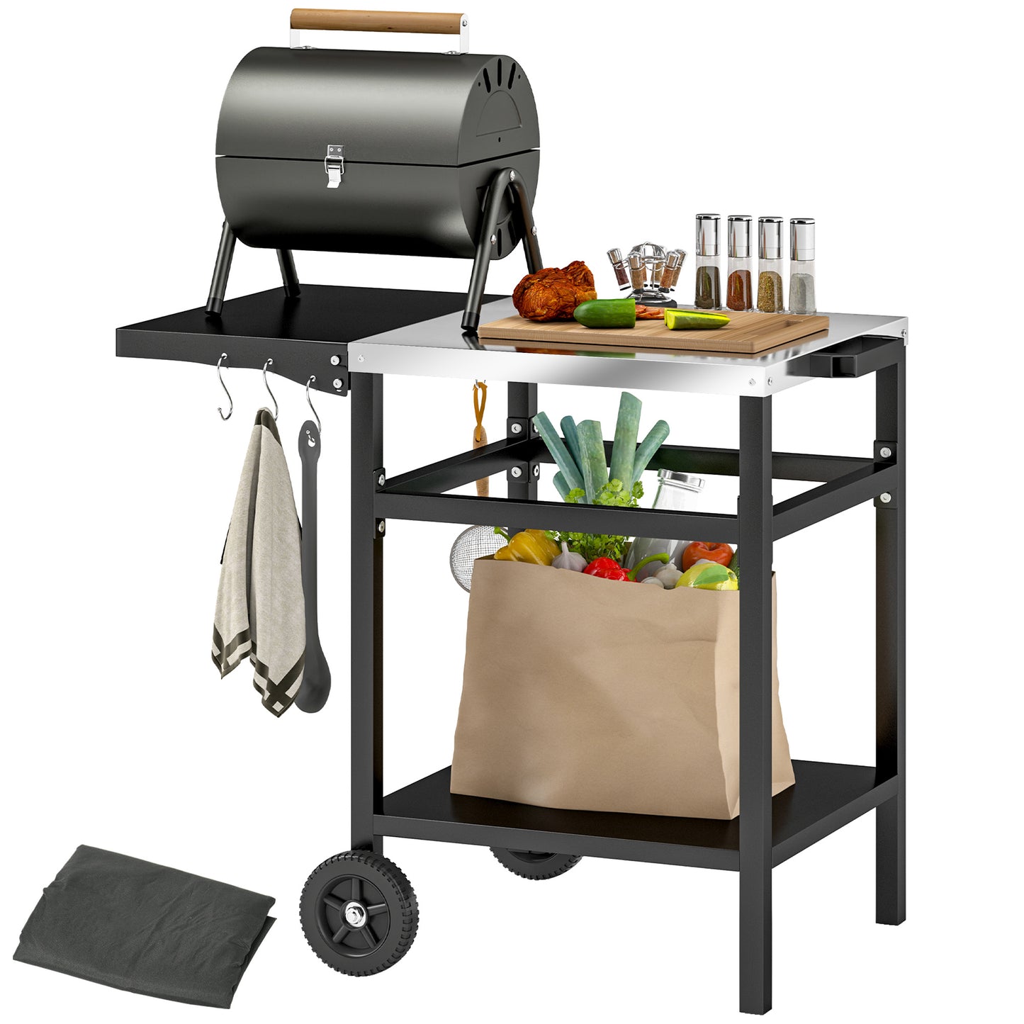 BBQ Trolley with Stainless Steel Top and Foldable Side Table, Outdoor Kitchen Barbecue Station with Hooks and Shelf