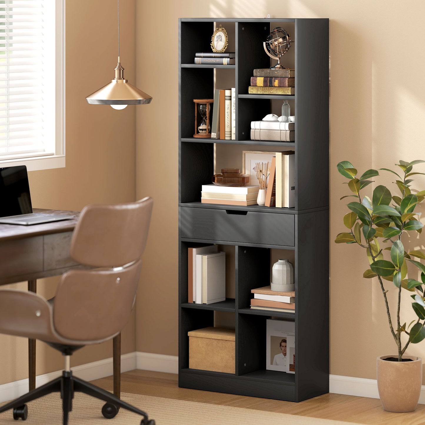 Tall Bookshelf with Drawer, Freestanding Bookcase for Bedroom, Living Room, Home Office, Black