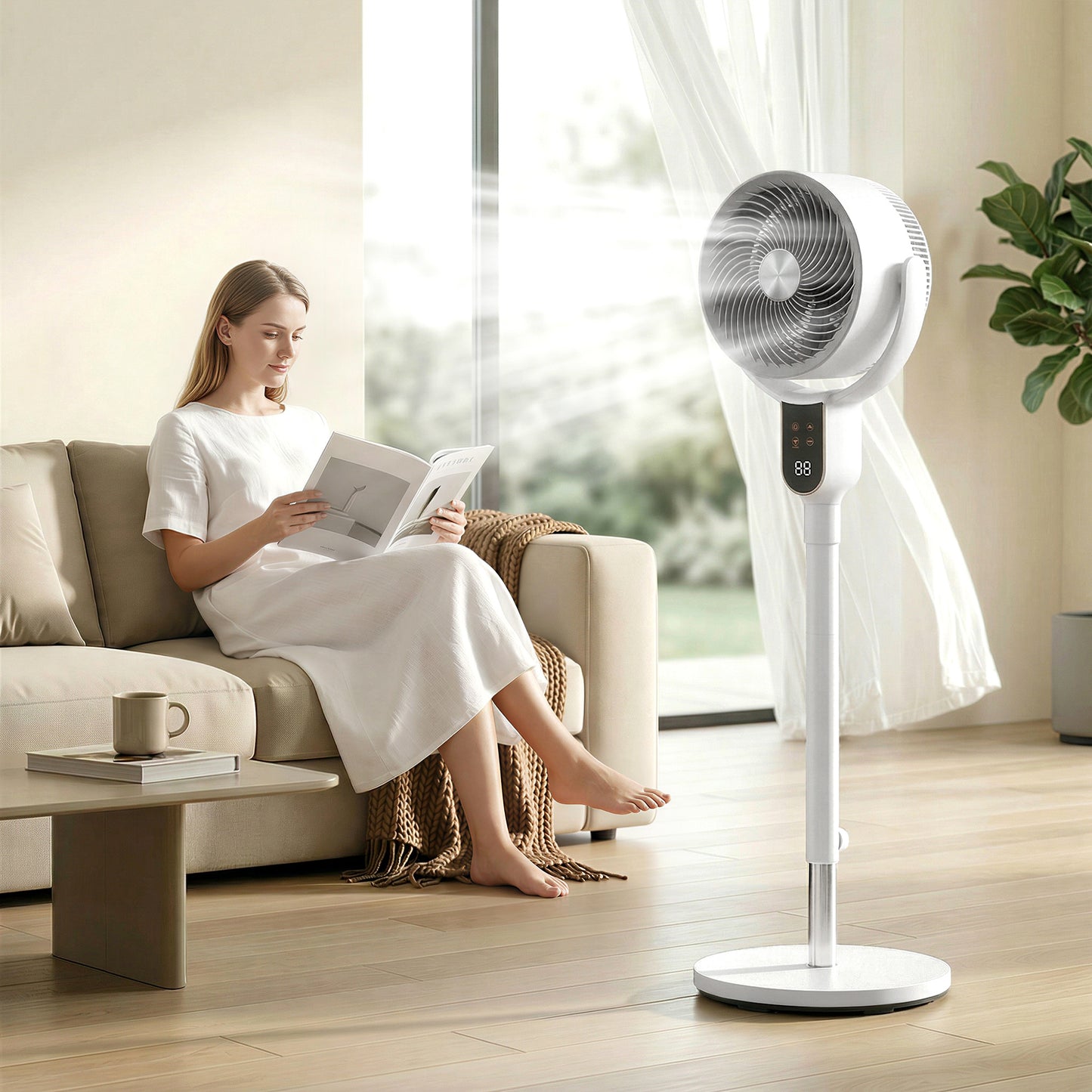 20 dB Silent Standing Fan for Bedroom, 42" Pedestal Fan with Remote, 90° Oscillating, 8 Speeds, Remote Control, White