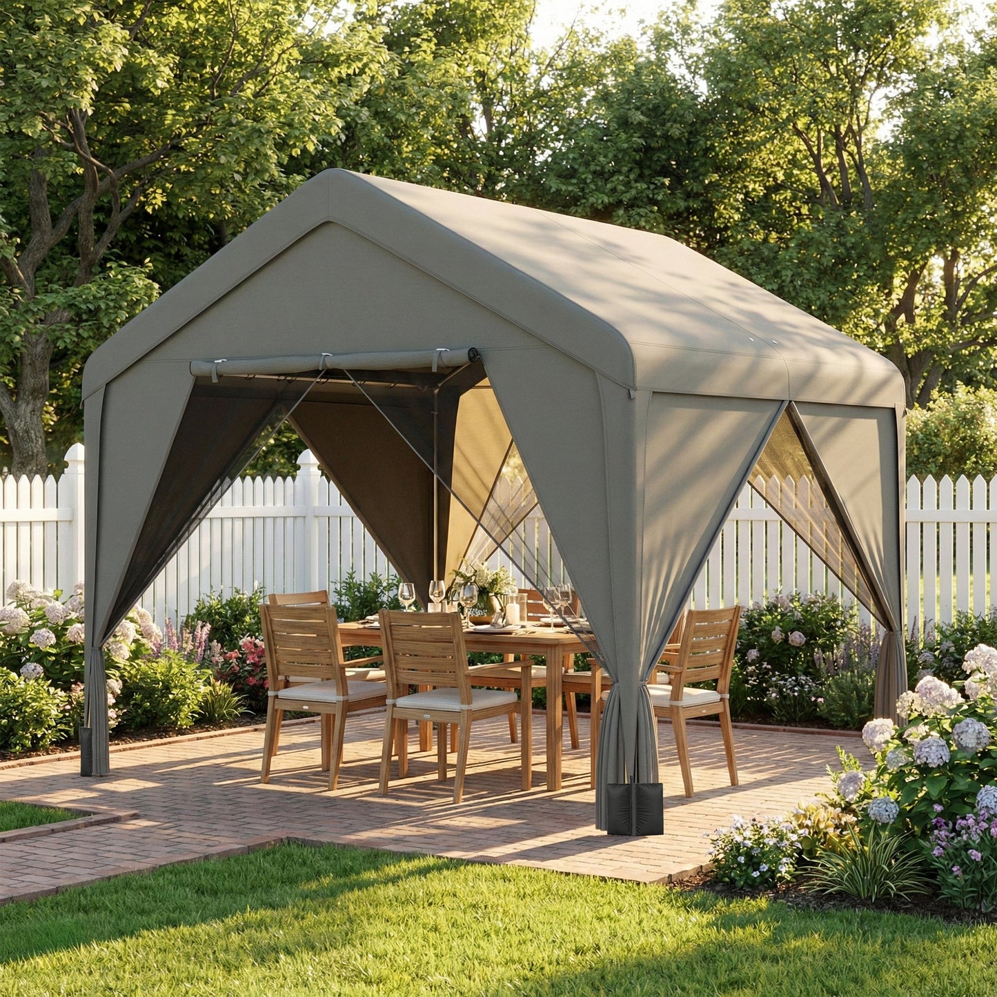 3 x 3 m Patio Gazebo with Netting & Curtains, Outdoor Canopy Shelter with Galvanised Steel Frame, Dark Grey
