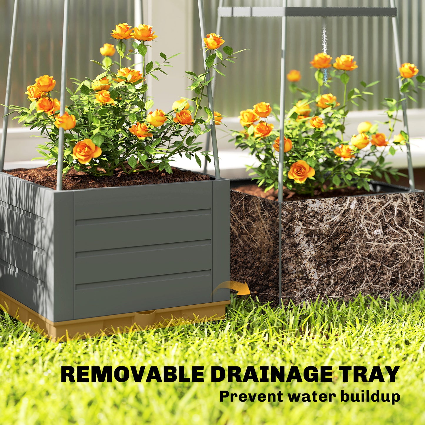 2 Pack Raised Garden Bed with Trellis, Plastic Outdoor Planter Box with Removable Drainage Tray