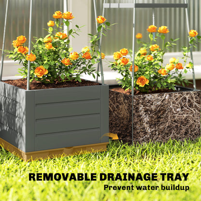 2 Pack Raised Garden Bed with Trellis, Plastic Outdoor Planter Box with Removable Drainage Tray