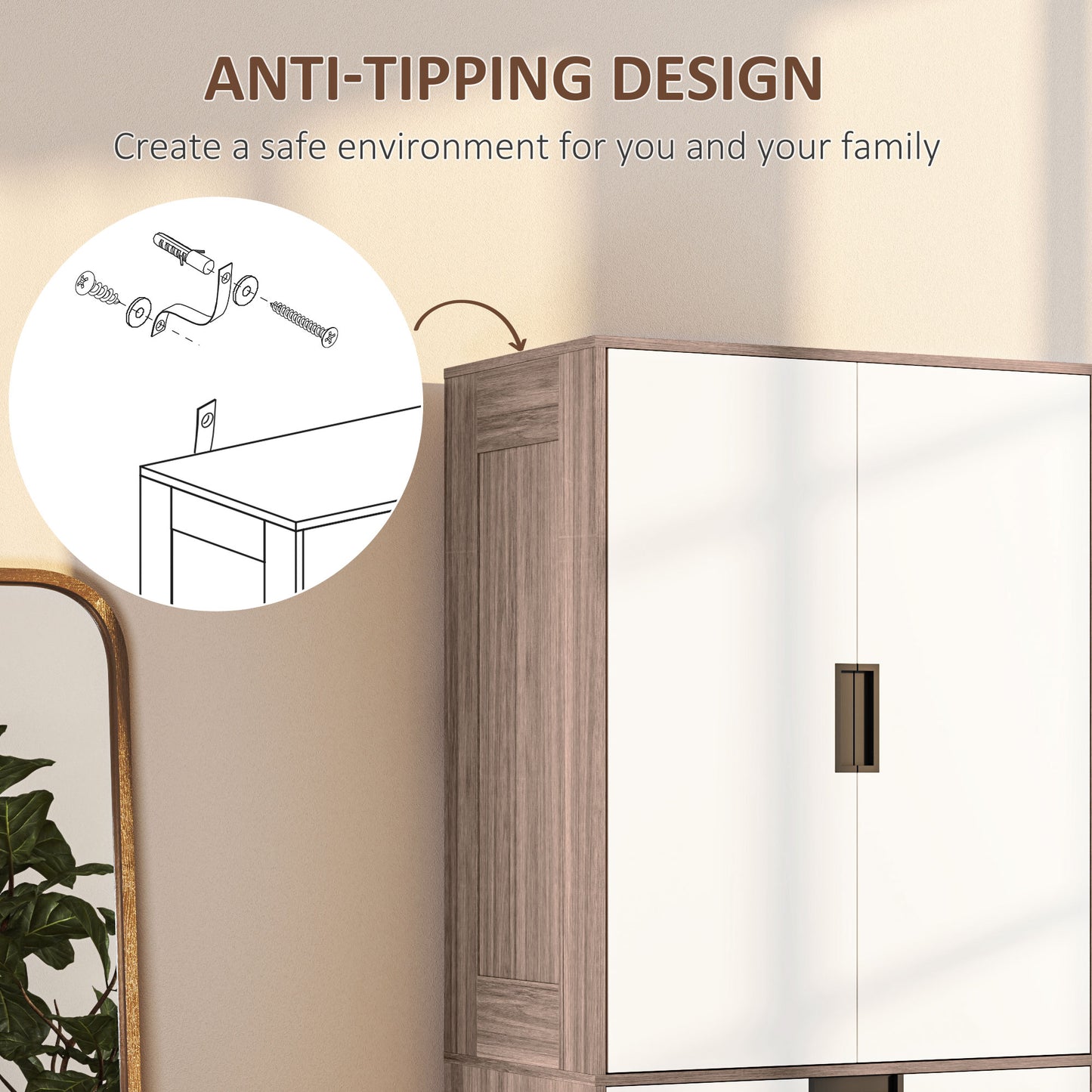 Modern Clothes Storage Cupboard Unit, 3 Drawer 2 Door Wardrobe with Hanging Rod, White/Brown