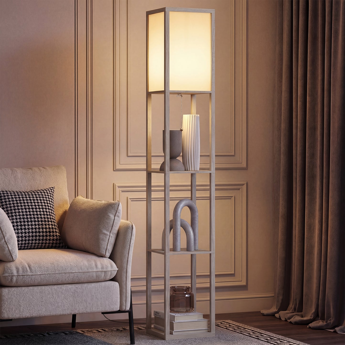 3-Tier Floor Lamp with Shelves and Storage, Modern Corner Standing Lamp with Lampshade, Foot Switch for Living Room, Bedroom