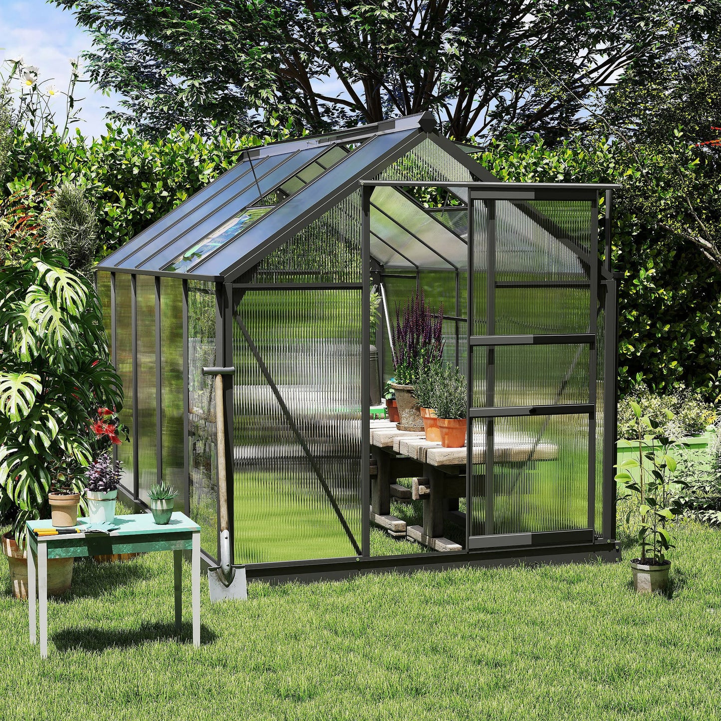 6 x 10ft Polycarbonate Greenhouse, Large Walk-In Green House with Slide Door and Window
