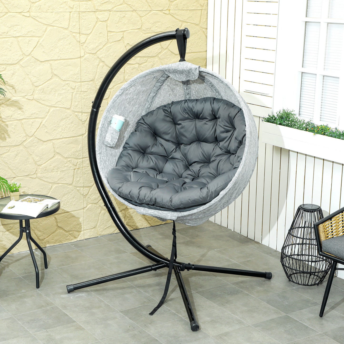 Hanging Egg Chair Outdoor Indoor Garden Swing Chair with Folding Basket, Thickened Cushion, Cup Holder for Patio, Balcony