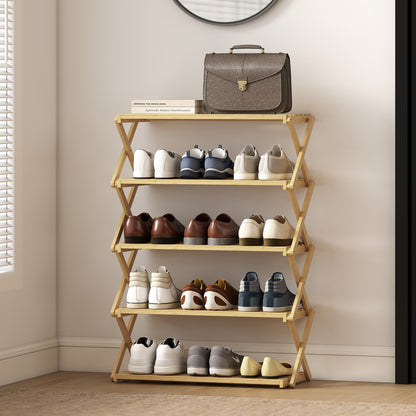 Five-Tier Folding Bamboo Shoe Rack - Natural Finish