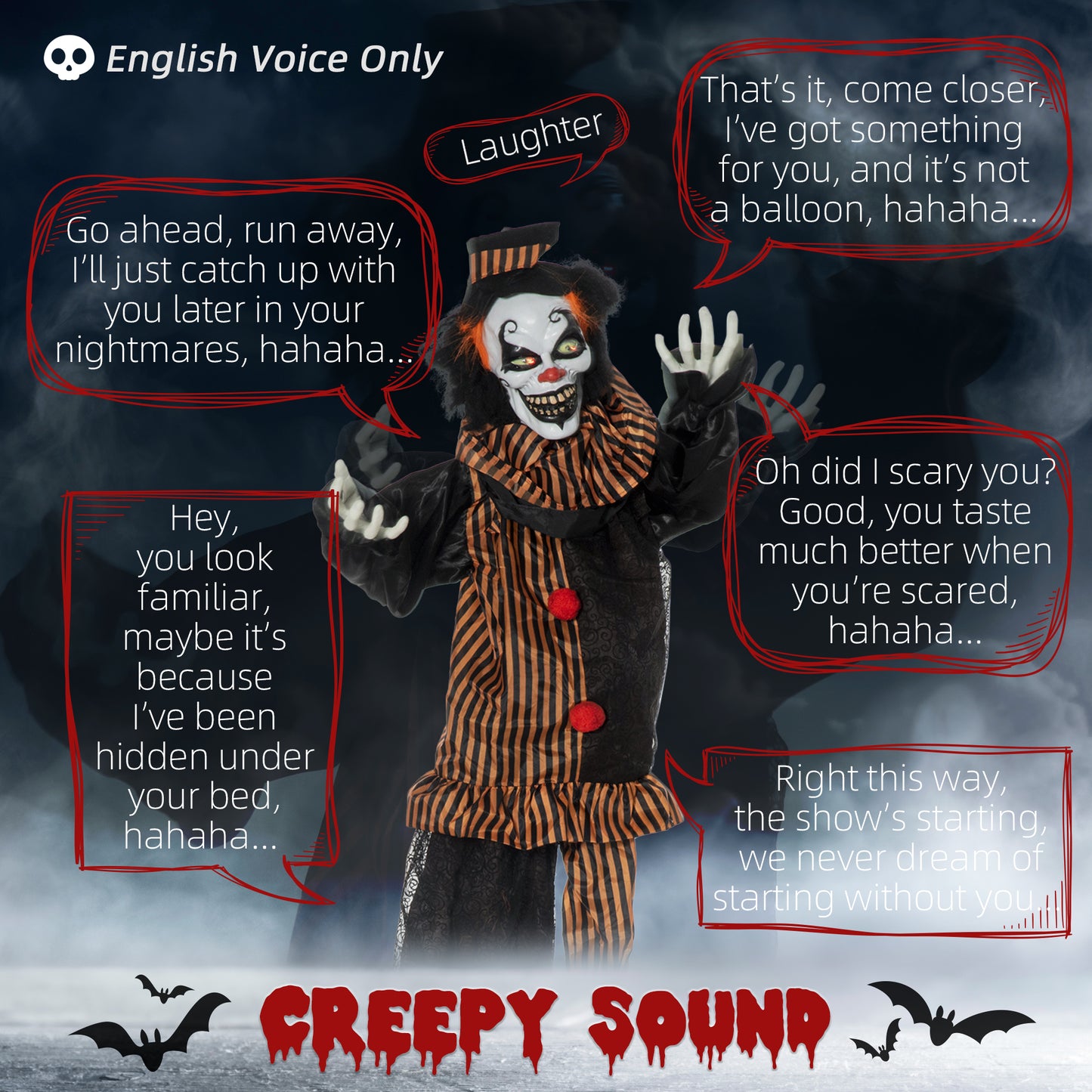 67 Inch Life Size Outdoor Halloween Decorations Talking Circus Clown, Animated Prop Animatronic Decor with Light Up Eyes