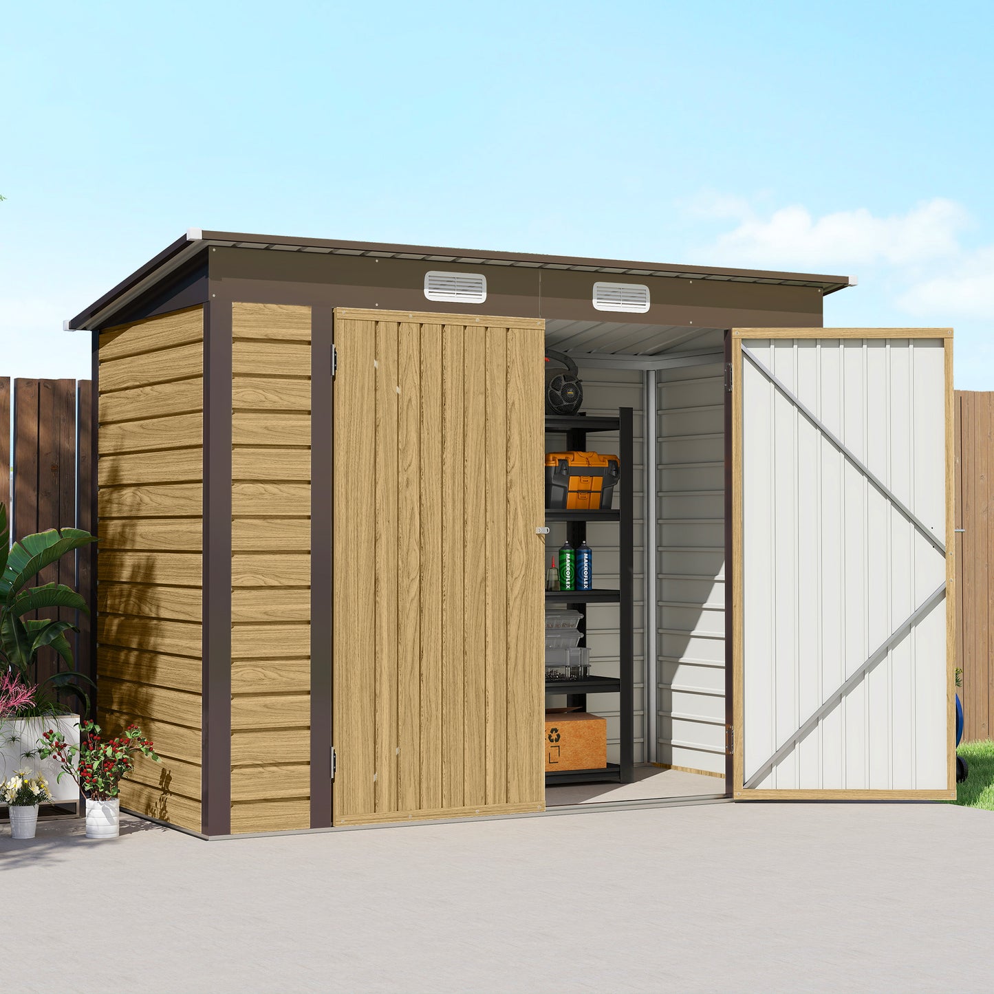3.7 x 7.9ft Galvanised Steel Shed, with Latched Door and Padlock - Oak