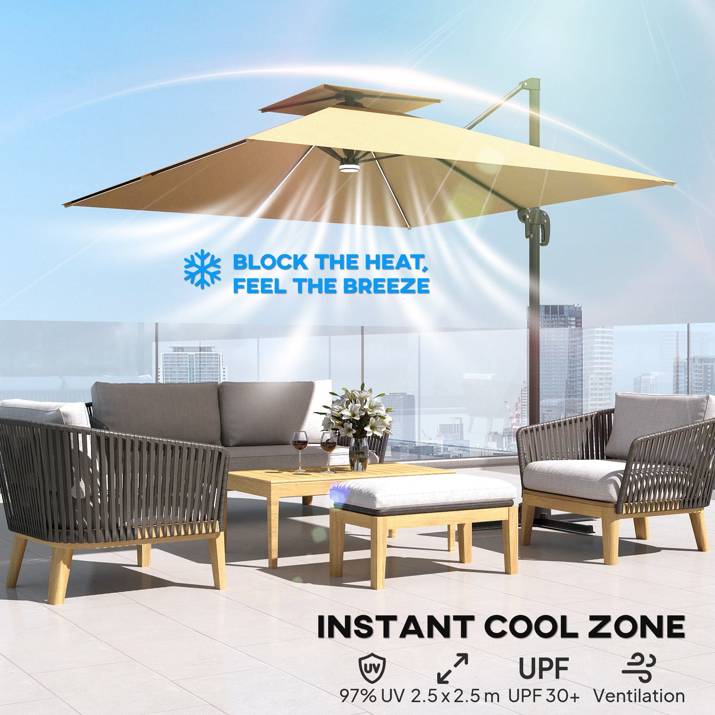 2.5m Cantilever Parasol with Solar Powered LED Lights, 360° Rotation, Tilt Adjustment, Crank Handle, Khaki