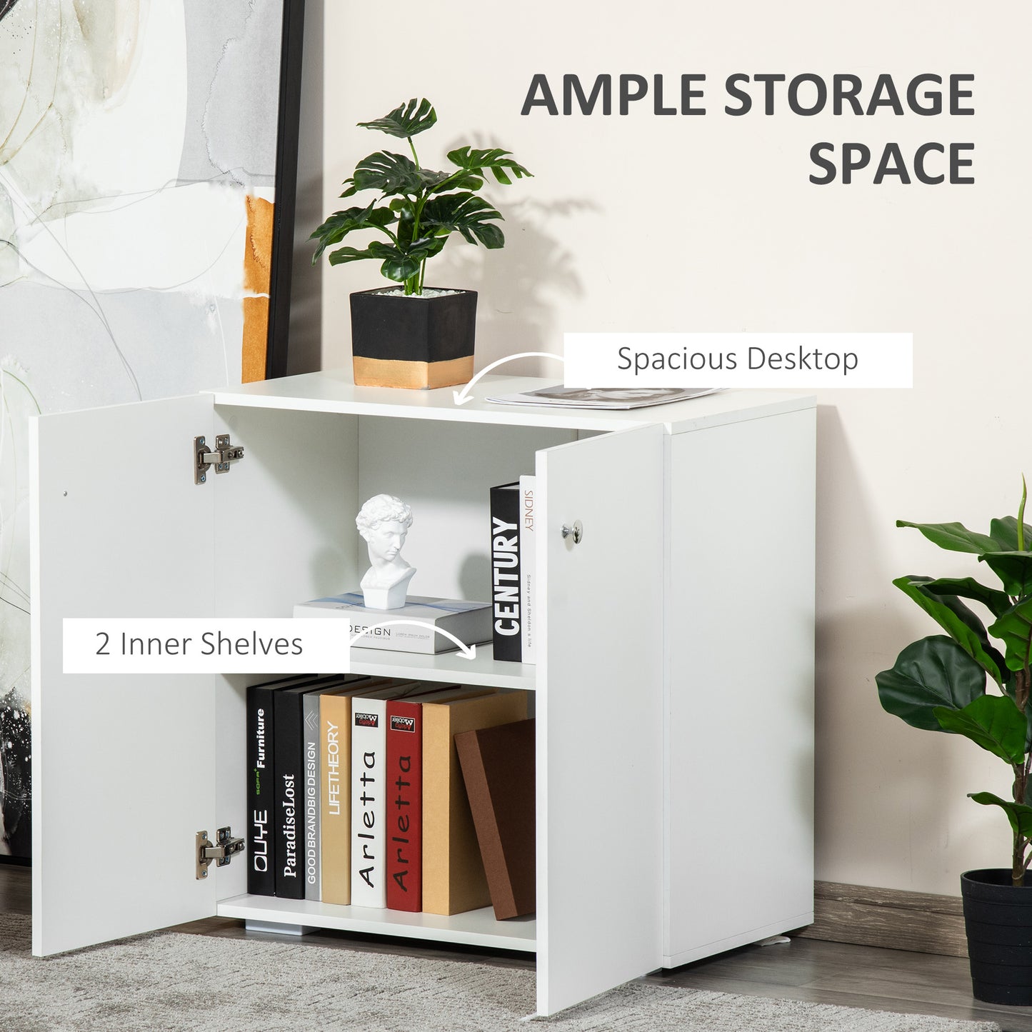 2 Tier Bookcase, Wooden Storage Cabinet with 2 Doors, Freestanding Sideboard for Living Room, Home Office and Study, White
