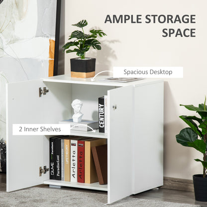 2 Tier Bookcase, Wooden Storage Cabinet with 2 Doors, Freestanding Sideboard for Living Room, Home Office and Study, White