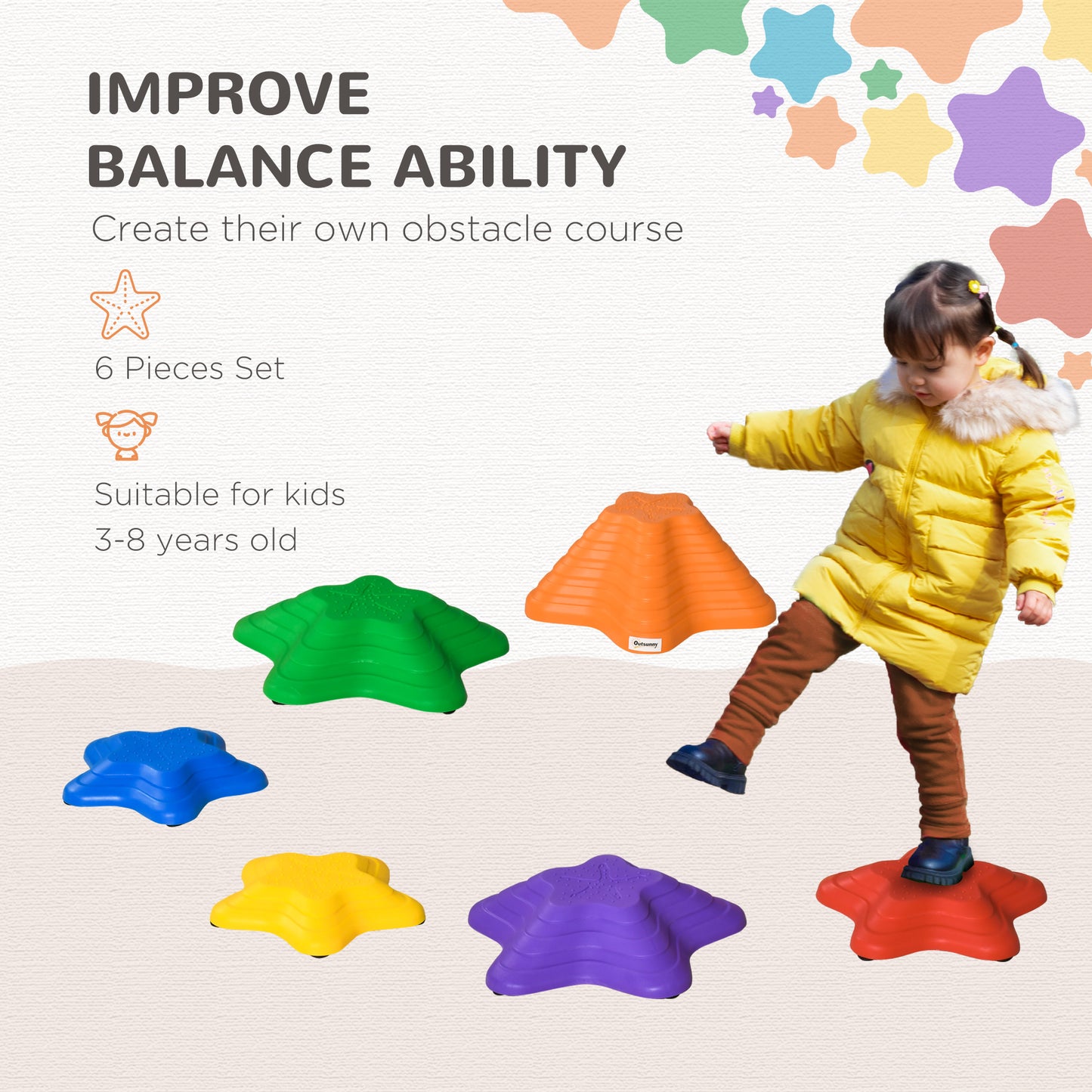 Balance Stepping Stones Kids, 6-Piece Starfish Style Non-slip Obstacle Course, Stackable Balance Blocks