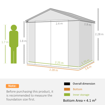 7.9ft x 6.2ft Aluminium Frame Rust Resistance Waterproof Shed, with Galvanised Foundation - Light Grey