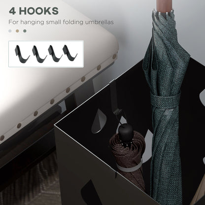Steel Umbrella Stand, Square Umbrella Holder with 4 Hooks and Removable Drip Tray, Hollowed Umbrella Basket for Hallway