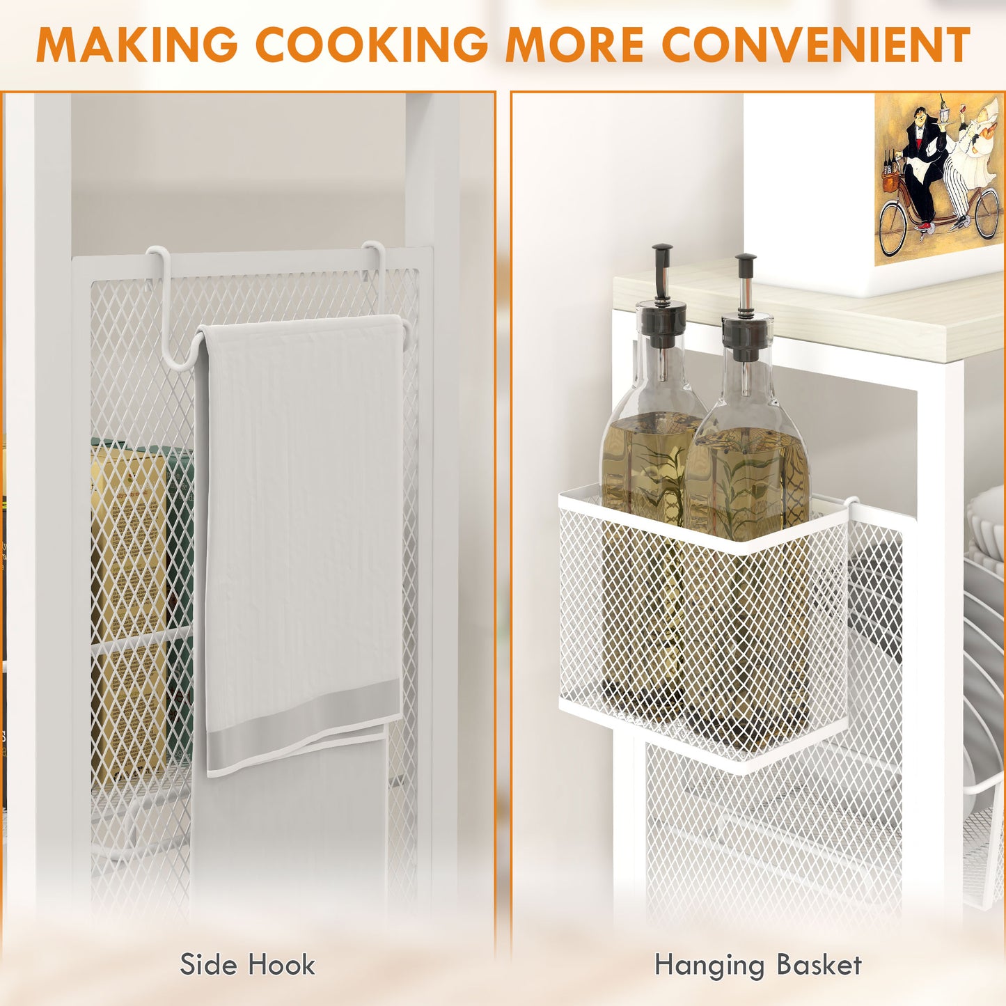 3-Tier Kitchen Cart with 3 Steel Wire Baskets - White
