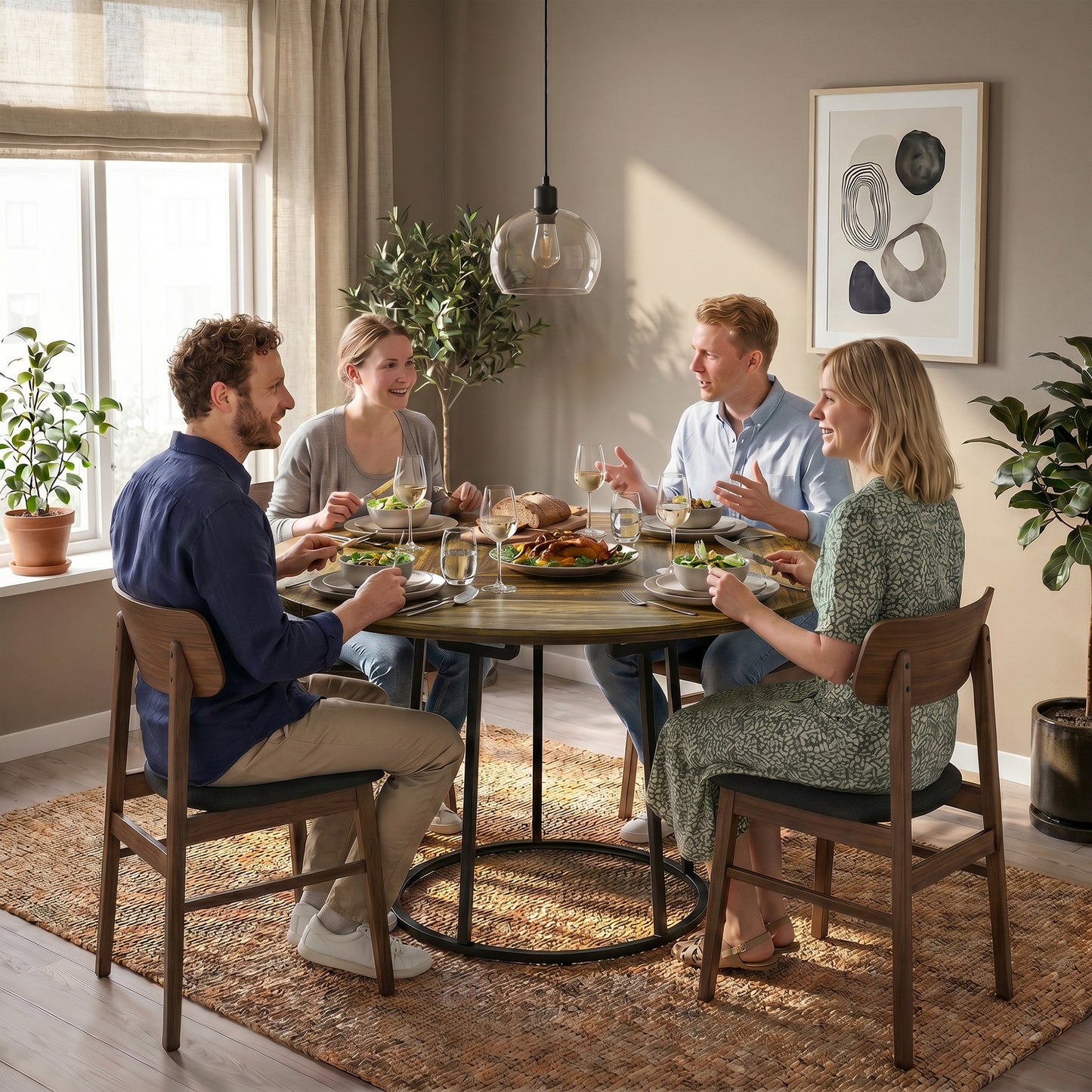 Dining Table Space Saving Kitchen Table Spliced Tabletop Conical Metal Base 120 cm Round Rustic Brown