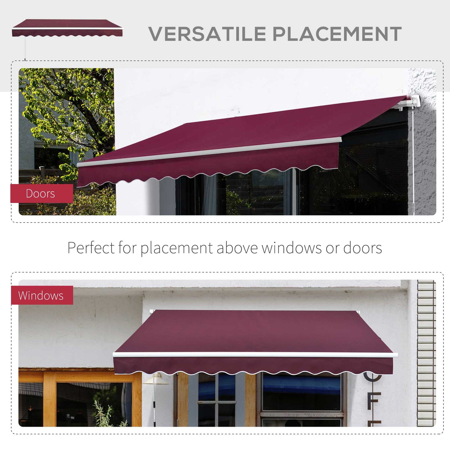 3 x 2.5m Manual Retractable Awning for Patio 45-75° Sun Canopy with Waterproof Fabric - Wine Red