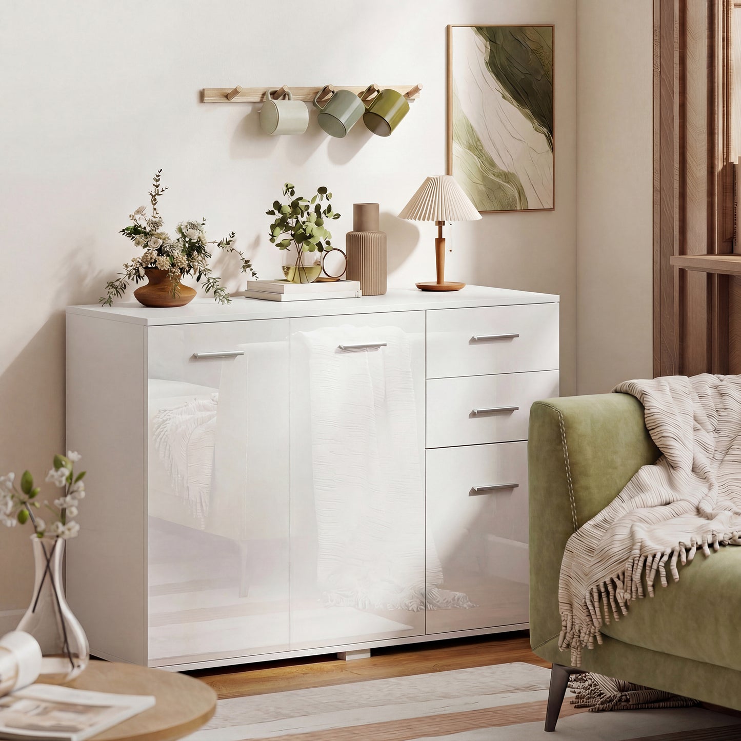 Sideboard, Modern Storage Cabinet with 2 Drawers, 3 Doors and Adjustable Shelves, High Gloss White