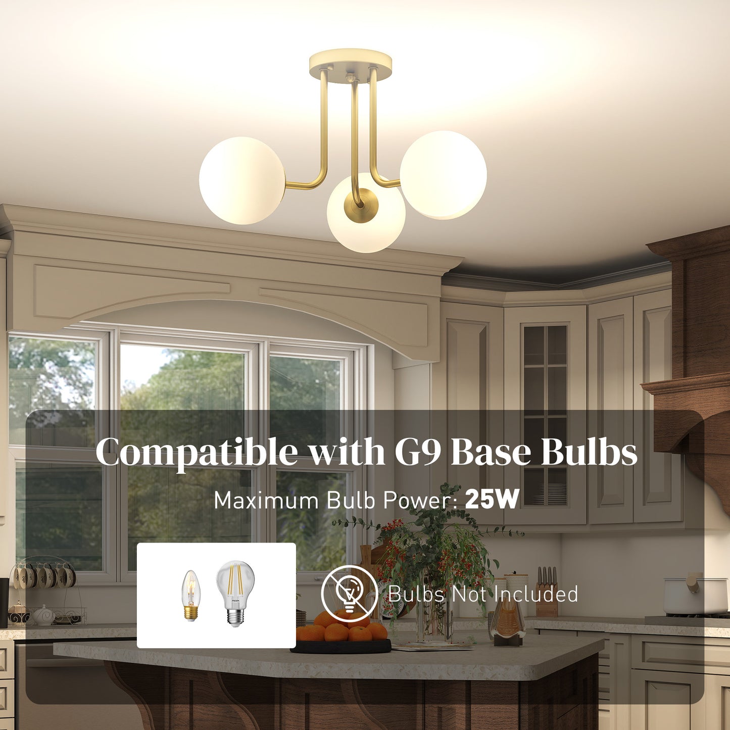 LED Ceiling Light with Globe Shades, Modern 3-Light Ceiling Light with G9 Sockets for Living Room, Bedroom, Dining Room