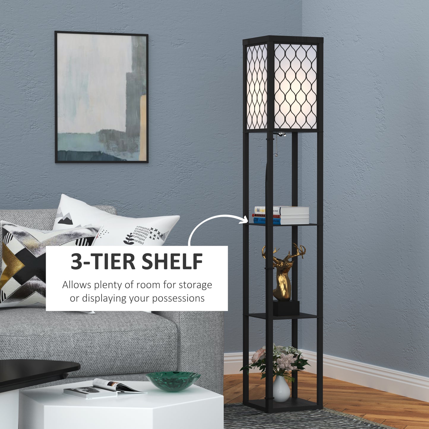 4-Tier Shelf Floor Lamp – Black & White
