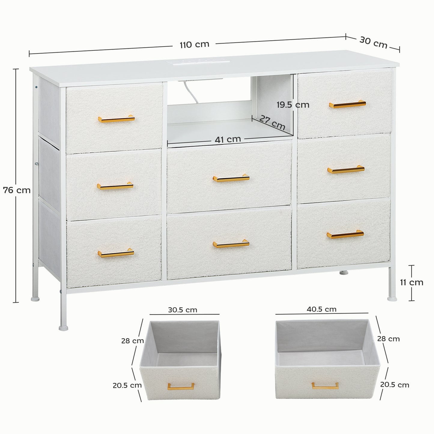 Boucle Chest of Drawers, 8 Fabric Drawers Storage Organiser with Charging Station, 2 USB and 2 AC Ports, Steel Frame