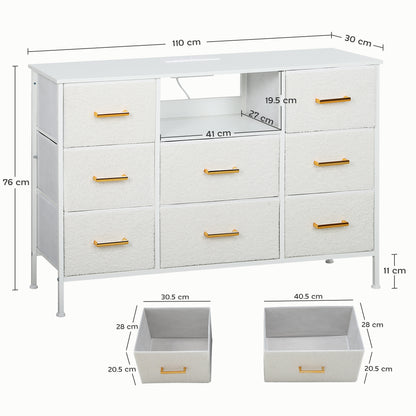 Boucle Chest of Drawers, 8 Fabric Drawers Storage Organiser with Charging Station, 2 USB and 2 AC Ports, Steel Frame