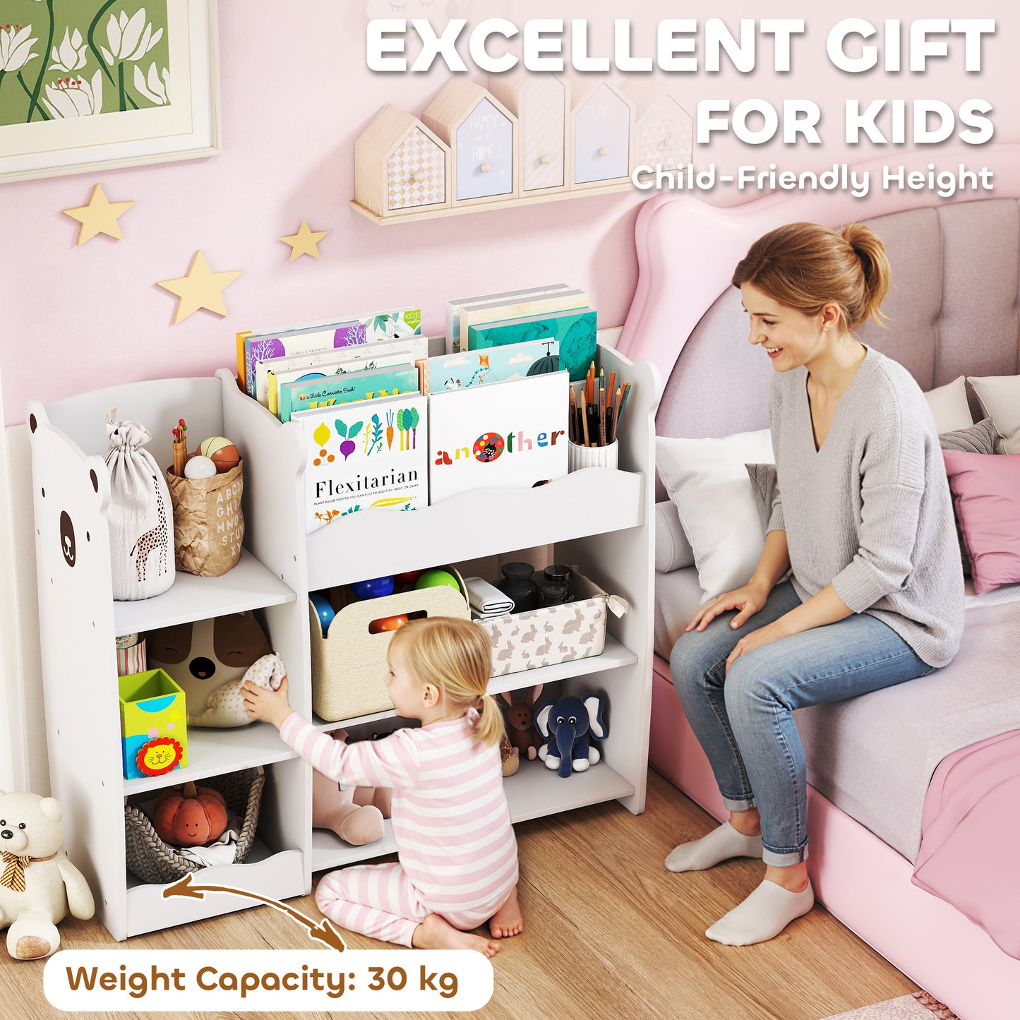 Kids Toy Storage Unit, Bear Design Kids Bookshelf and Toy Organiser, for Bedroom, Nursery, Playroom, White