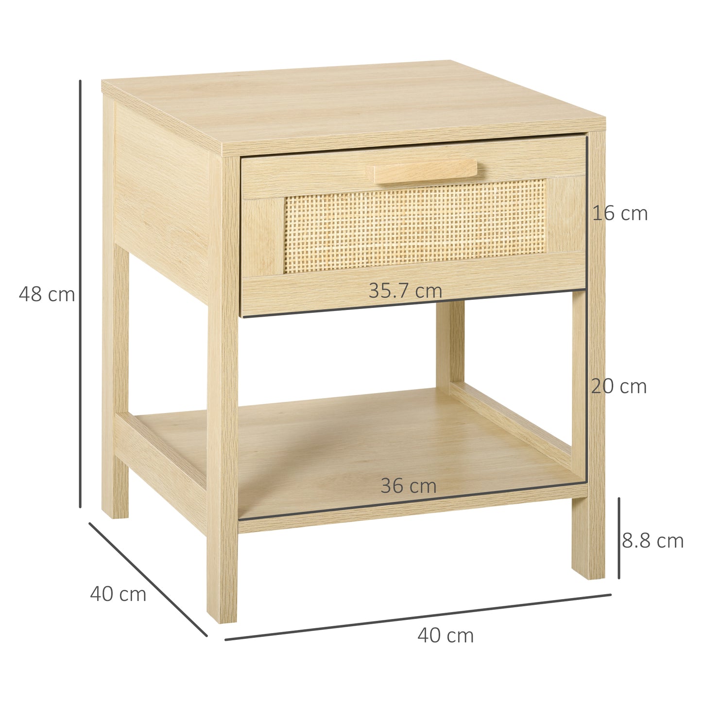 Nightstand with Rattan Drawer and Storage Shelf, Bedside End Table for Bedroom, Living Room