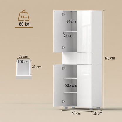 Storage Cabinet, Kitchen Cupboard with 3 Adjustable Shelves, 60L x 35W x 170H cm, White