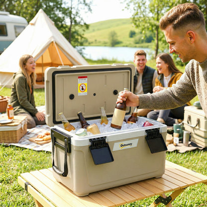42.6L Insulated Cool Box, Lightweight Portable Ice Cooler with Handle, Lid and Drain Valve, Khaki