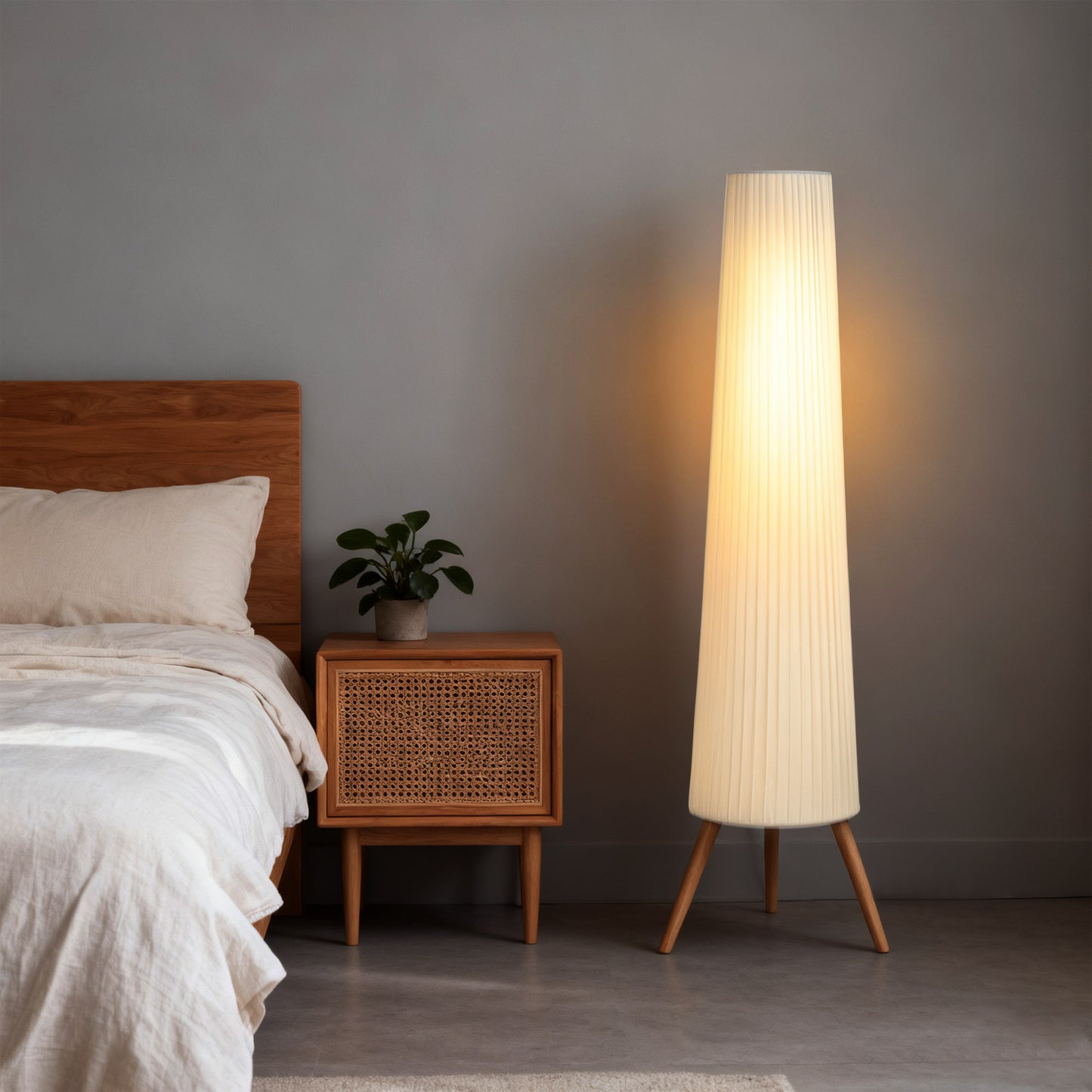 Dimmable Tripod Floor Lamp with Foot Switch, Nordic Standing Lamp with Fabric Shade, 153cm, White, White and Natural
