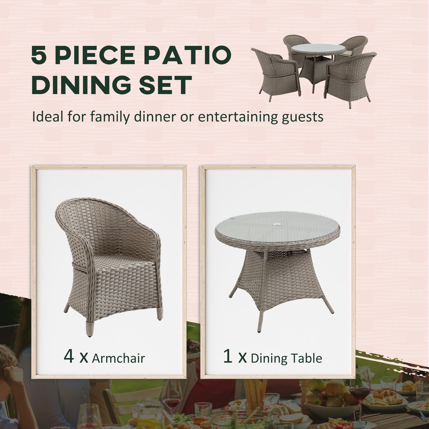 4 Seater Rattan Garden Furniture Set with Cushions, Round PE Rattan Dining Set with Glass-Top Table, Umbrella Hole