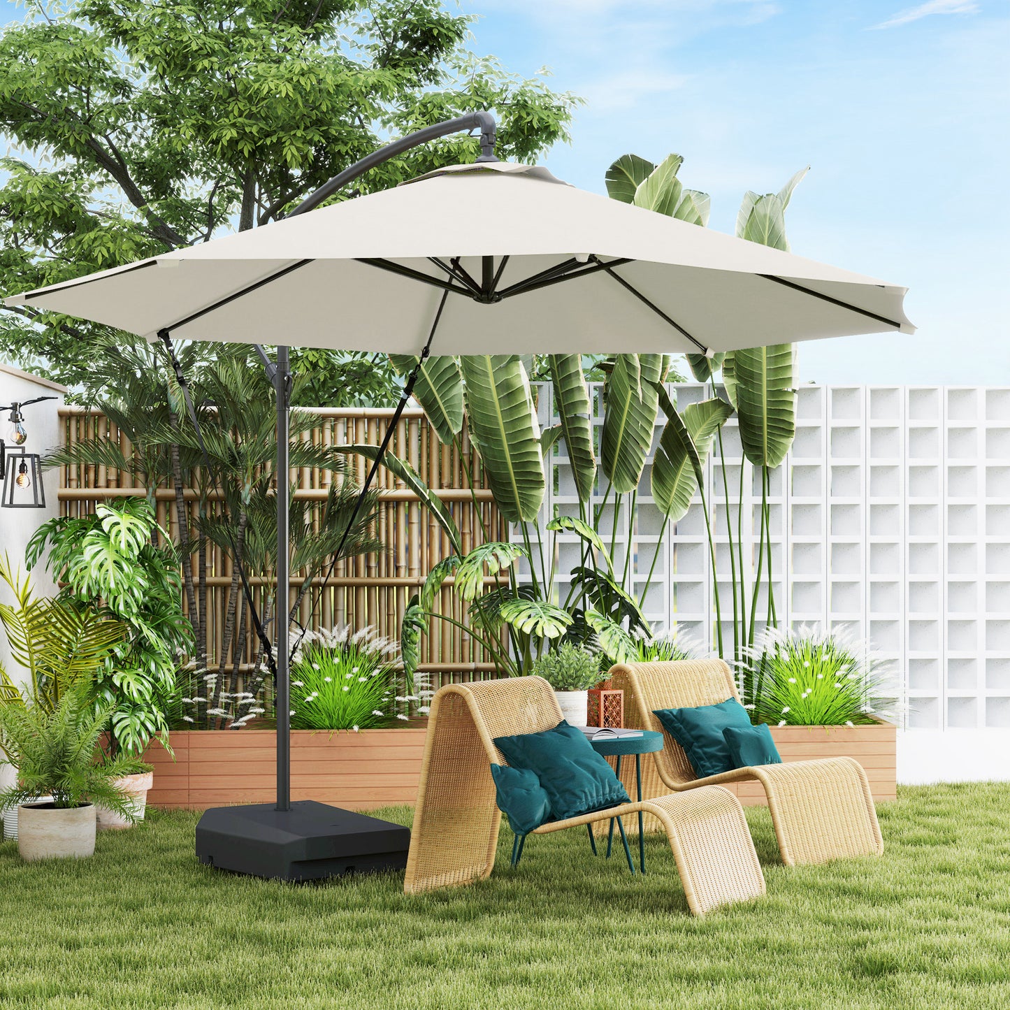 3(m) Garden Cantilever Parasol with Fillable Base up to 90kg, Wind Protection Strap, Cover