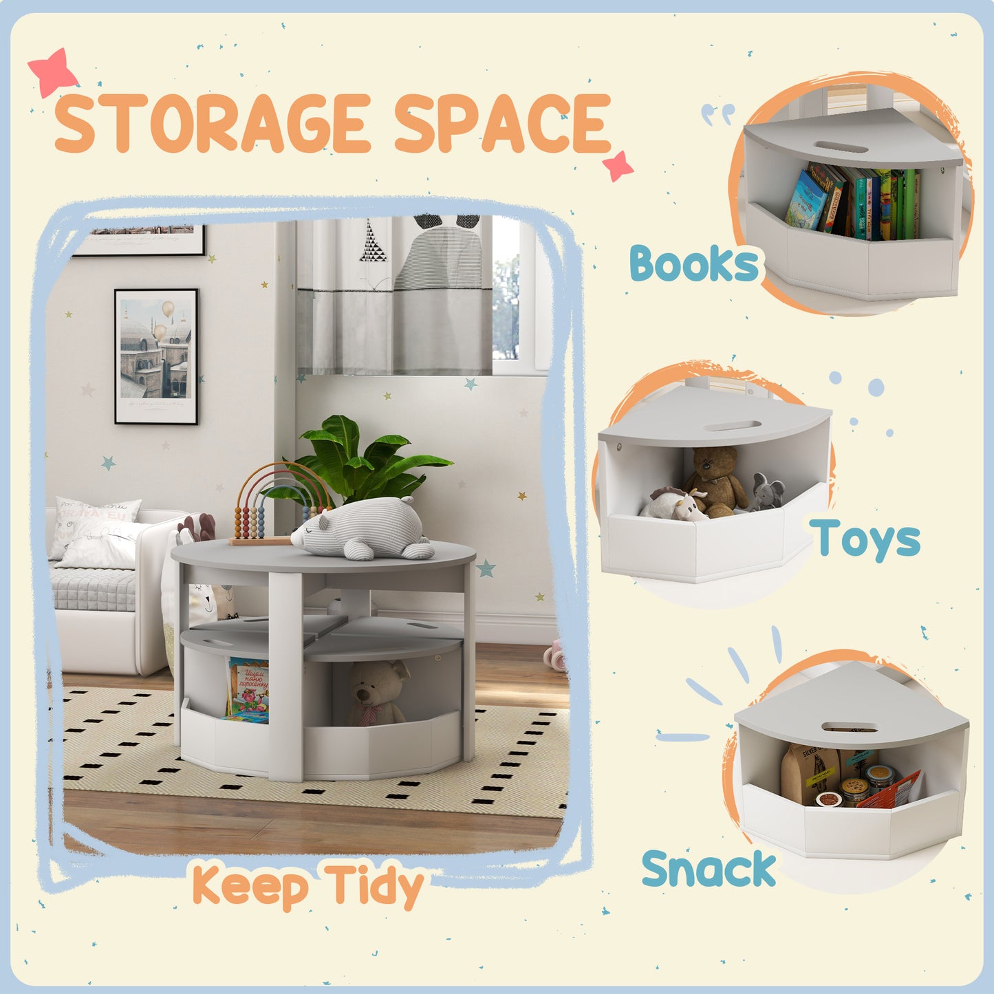 Five-Piece Kids Table and Chairs Set with Storage, for Ages 3-8 Years, Grey