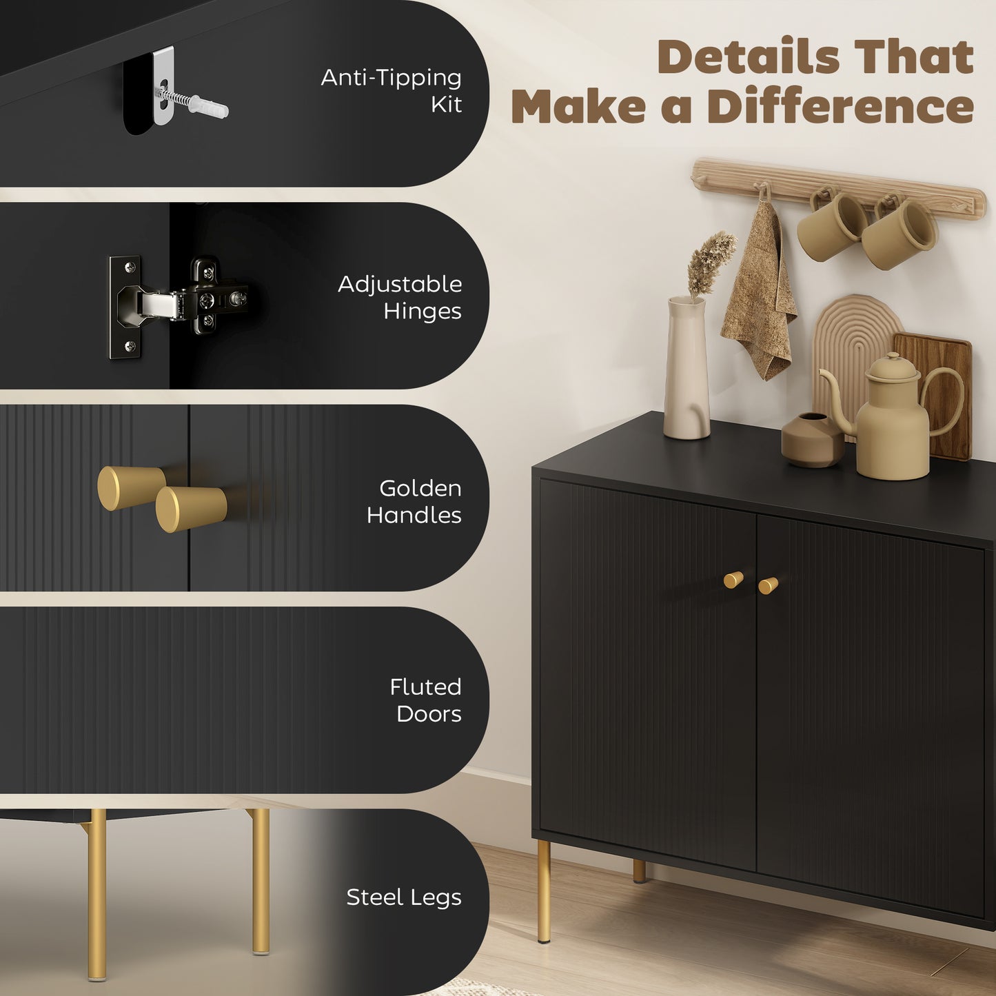 Sideboard Buffet Cabinet, Coffee Bar Cabinet with Fluted Doors and Adjustable Shelf, Black