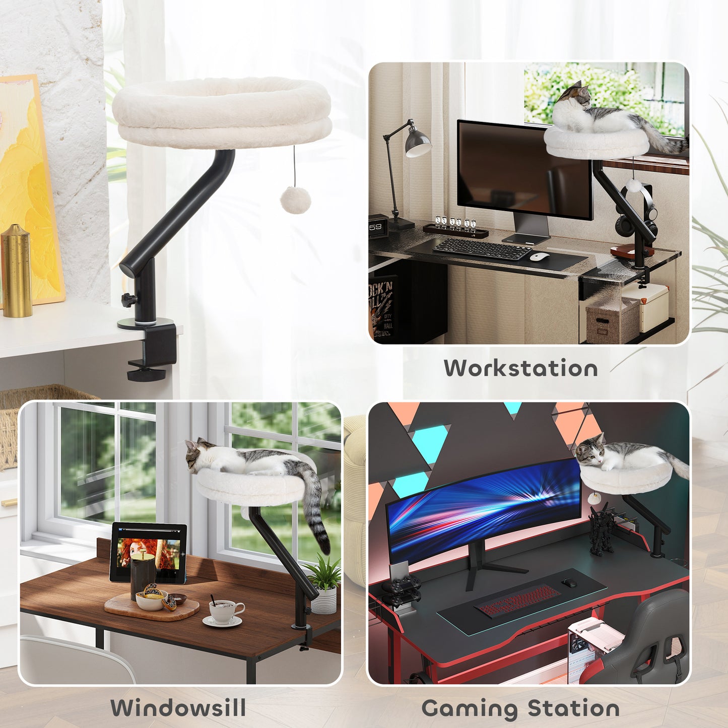 Cat Desk Bed, Cat Hammock 360° Rotatable Adjustable for Window, Table, Work, Cream White